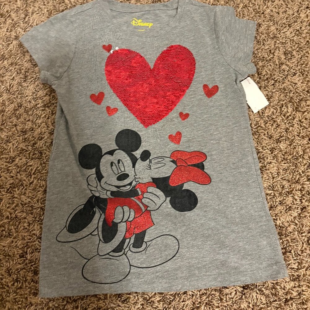 Disney Mickey and Minnie Mouse Short Sleeve Top Medium 7-8 Gray Red Flip Glitter
